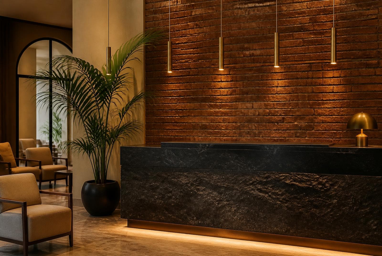 Hotel reception desk in dark basalt stone against an exposed brick wall